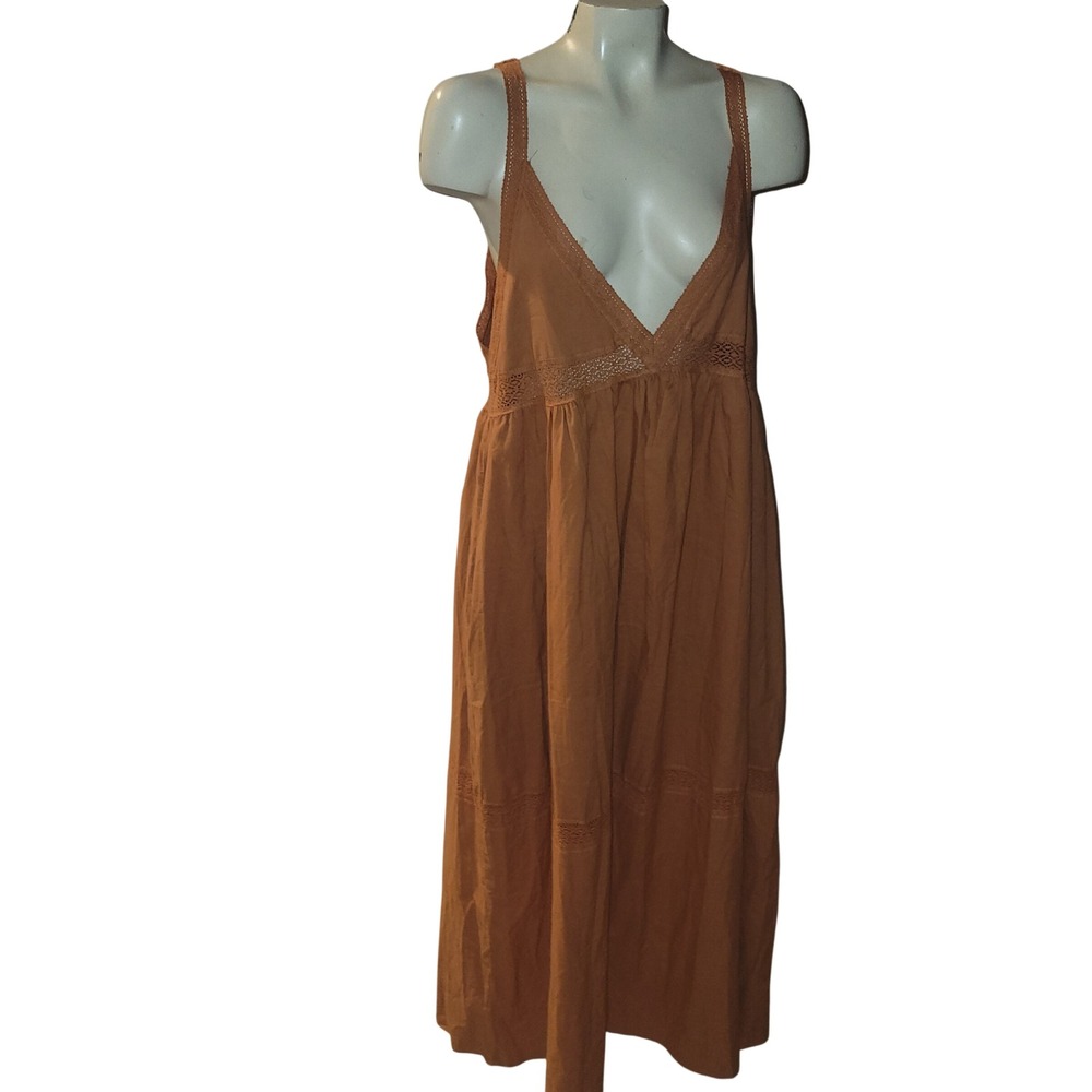 HERSEY NEW Maxi‎ Dress Rust Orange Lace Trim V Neck Sleeveless Tiered Bohemian L